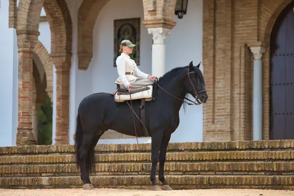 İspanya 'nın Endülüs şehrinde düzenlenen popüler festivalde safkan bir İspanyol siyah atına binen genç ve güzel bir kadın. Kadın tipik bir atlı kadın kostümü giyiyor. Arka planda inziva yeri var.