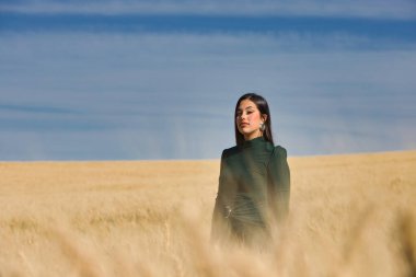 Yeşil giyinmiş, güzel, koyu renk saçlı Latin bir kız yaz günü kuru, sarı bir buğday tarlasının arasında duruyor. Arka planda, mavi gökyüzü