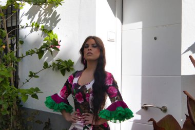 Flamenko yapan esmer kadın Endülüs 'ün tipik bir caddesinde saksılarla dans ediyor. Kadın çiçeklerle basılmış fırfırlı bir elbise giyiyor. Flamenko İnsanlığın Soyut Kültürel Mirası