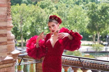 İspanya, Seville 'de bir meydanda flamenko dansı yapan güzel bir kadın. Fırfırlı kırmızı bir elbise giyiyor ve büyük bir sanatla flamenko dansı yapıyor. Flamenko, insanlığın kültürel mirası.