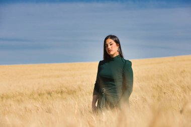 Yeşil giyinmiş, güzel, koyu renk saçlı Latin bir kız yaz günü kuru, sarı bir buğday tarlasının arasında duruyor. Arka planda, mavi gökyüzü