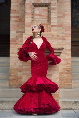 İspanya, Seville 'de bir meydanda flamenko dansı yapan güzel bir kadın. Fırfırlı kırmızı bir elbise giyiyor ve büyük bir sanatla flamenko dansı yapıyor. Flamenko, insanlığın kültürel mirası.