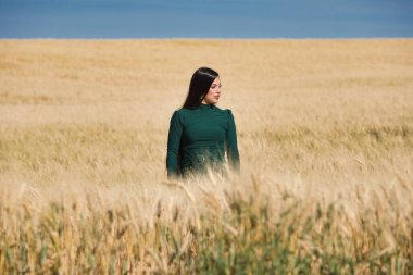 Yeşil giyinmiş, güzel, koyu renk saçlı Latin bir kız yaz günü kuru, sarı bir buğday tarlasının arasında duruyor. Arka planda, mavi gökyüzü