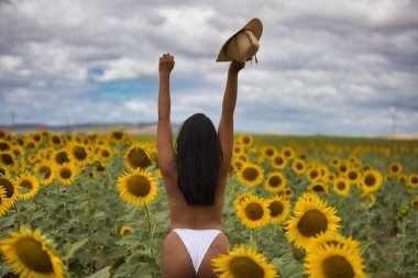 Genç, koyu tenli bir Latin kadın çiftçi sırtı dönük vaziyette ayçiçeği tarlasında duruyor ve bir hasır şapka tutarak ellerini kaldırıyor. Kız doğayla iç içe olmaktan hoşlanıyor.