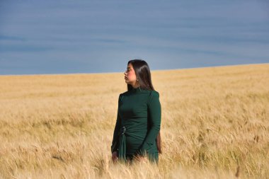 Yeşil giyinmiş, güzel, koyu renk saçlı Latin bir kız yaz günü kuru, sarı bir buğday tarlasının arasında duruyor. Arka planda, mavi gökyüzü