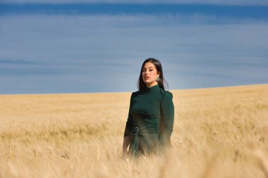 Yeşil giyinmiş, güzel, koyu renk saçlı Latin bir kız yaz günü kuru, sarı bir buğday tarlasının arasında duruyor. Arka planda, mavi gökyüzü