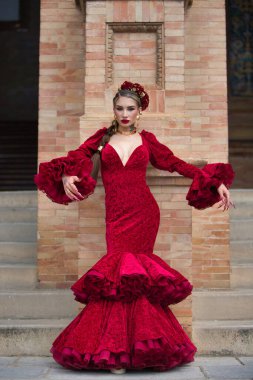 İspanya, Seville 'de bir meydanda flamenko dansı yapan güzel bir kadın. Fırfırlı kırmızı bir elbise giyiyor ve büyük bir sanatla flamenko dansı yapıyor. Flamenko, insanlığın kültürel mirası.