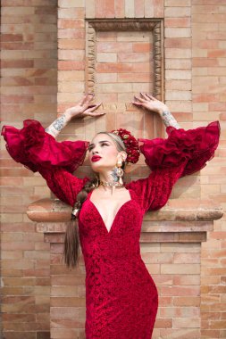 Flamenko yapan güzel bir kadın ellerini başının üstündeki duvara dayar ve tutku ve flamenko duygusunun yüz hareketlerini yapar. Flamenko, insanlığın kültürel mirası.