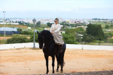 Endülüs, İspanya 'da siyah safkan bir İspanyol atına binen genç ve güzel bir kadın. Kadın tipik bir atlı kadın kostümü giyiyor. Ufukta mavi gökyüzü ve beyaz bulutlar