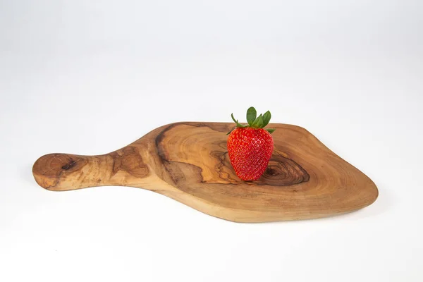 Strawberry Olive Wood Cutting Board Isolated White Background — Stock Photo, Image