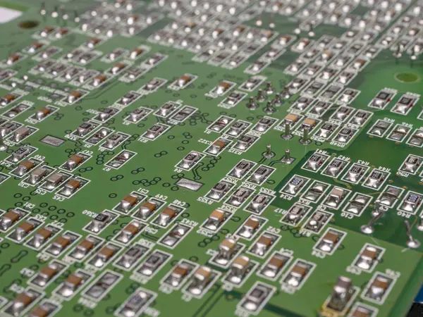Üzerinde birçok direnç bulunan yeşil bir devre kartı. Seçici odak.