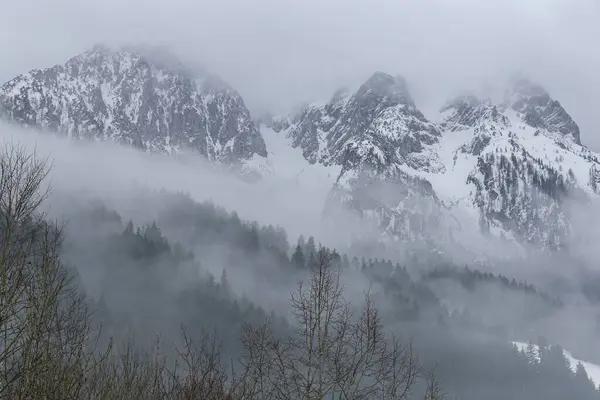 Dağların eteklerindeki yoğun siste karla kaplı dağ sıraları. Avusturya, Walchsee.