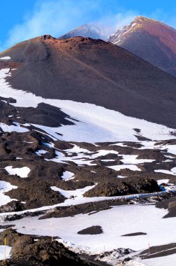 İtalya 'nın Sicilya kentinde kışın karla kaplı bir kalderada volkan dumanı tüten Etna Dağı' nın ay manzarası.