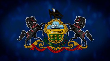 Pensilvanya eyaletinin rüzgarda dalgalanan bayrağının yakın çekimi. Ortasında Pennsylvania arması olan mavi bayrak. 3 boyutlu resimleme. Çizim. Desenli kumaş arkaplanı