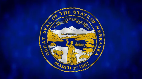 Ilustración Bandera Del Estado Nebraska Ondeando Bandera Azul Con Sello —  Fotos de Stock