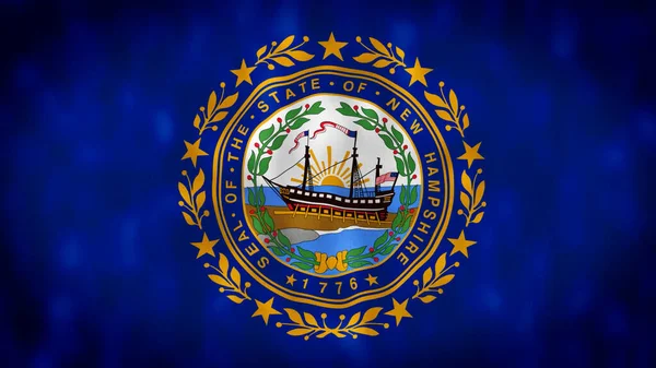 illustration of New Hampshire state flag waving. New Hampshire state seal on a dark blue field. US state flag. Rippled fabric. illustration. Textured background