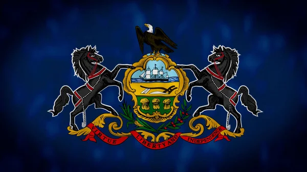 Zbliżenie Flagi Stanu Pensylwania Machające Wietrze Niebieska Flaga Herbem Pensylwanii — Zdjęcie stockowe