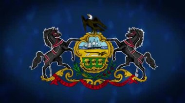 Close-up of the Pennsylvania state flag waving in the wind. Blue flag with Pennsylvania coat of arms in the center. 3d render animation. Slow motion loop. Close-up. Textured fabric background