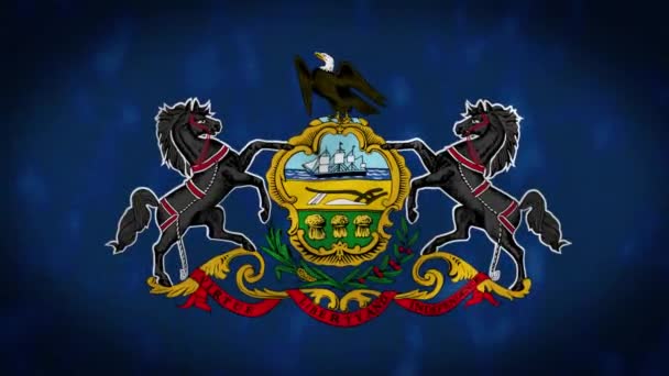 Pensilvanya Eyaletinin Rüzgarda Dalgalanan Bayrağının Yakın Çekimi Ortasında Pennsylvania Arması — Stok video