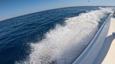Sürat teknesi. Sürat teknesi güzel kızıl deniz suyunda yüzer. Ağır çekim. Bir jet ski denizin yüzeyinde koşuyor.. 