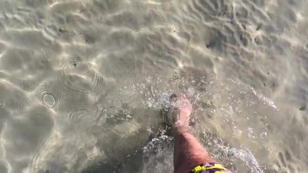 Mokry Piasek Brzegowy Odciskami Bosych Stóp Mężczyzna Nogi Stopy Spaceruje — Wideo stockowe