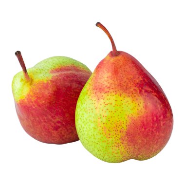 Yeşil armutlar ikiye bölünmüş ve beyaz zemin üzerinde ayrı ayrı parçalara ayrılmış.