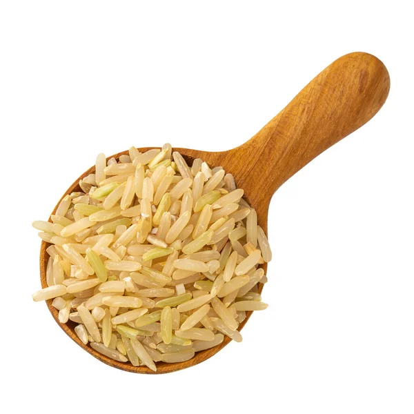 Brauner Reis Einem Holzlöffel Isoliert Auf Weißem Hintergrund — Stockfoto