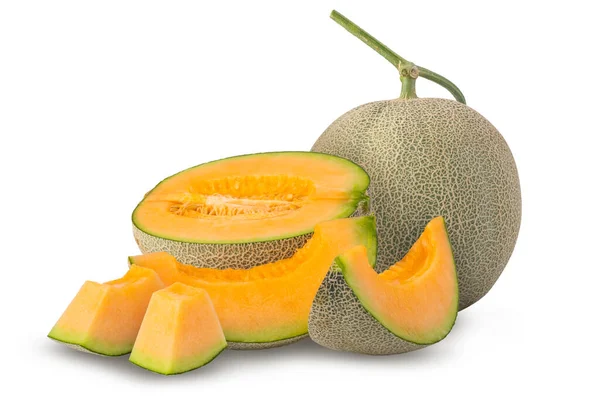 Kantaloupe Melon Och Skiva Melon Isolerad Vit Bakgrund — Stockfoto