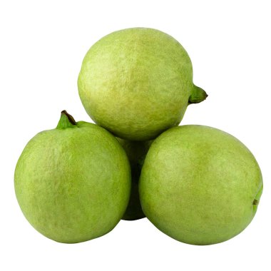 Guava pembe sulu etli ve beyaz arka planda yaprağı olan güçlü tatlı aromalı tropikal bir meyvedir.
