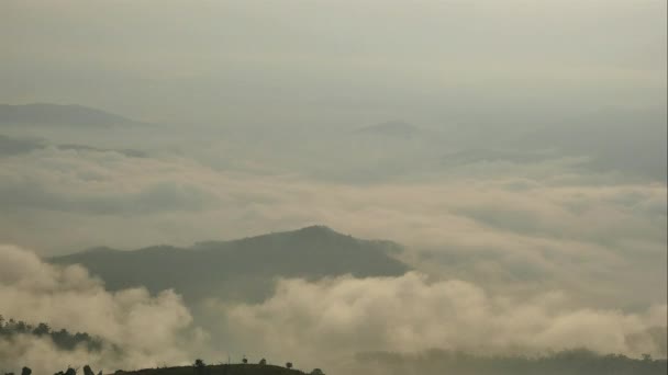 黎明时分 日出时分 在被薄雾环绕的山谷中 云海环绕着高山 — 图库视频影像