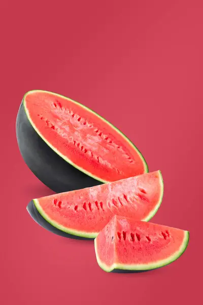Juicy Watermelon and Watermelon Slices for Healthy and Tasty Snack on a red background