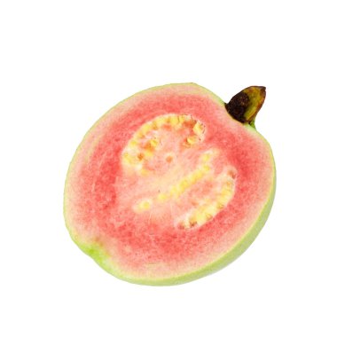 Guava pembe sulu etli ve beyaz arka planda yaprağı olan güçlü tatlı aromalı tropikal bir meyvedir.