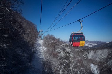 Mount 'ın tepesini birbirine bağlayan teleferik. Yongpyong Kayak Tatil Köyü, Güney Kore 'de Kış Dağı..