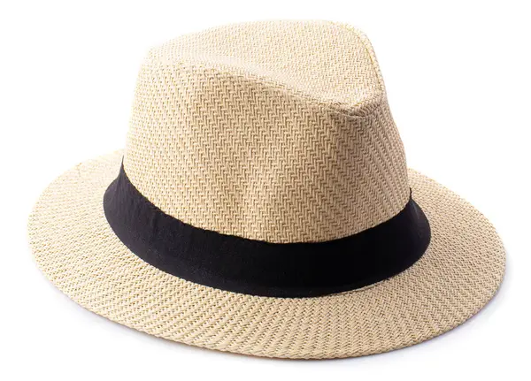 Stock image Vintage Straw hat with black ribbon for man isolated on white background.