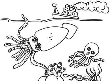 Çocuklar için deniz boyama resimlerinde tapılası çizgi film mürekkep balığı, beyaz arka planda izole edilmiş siyah beyaz çizgi film.