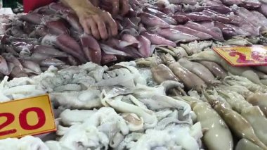 Bir mürekkep balığı satıcısı, Tayland 'da bir deniz ürünleri pazarında mürekkep balığı satışı için tepsiler hazırlar.