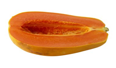 Pürüzsüz turuncu derili olgun Hollanda papayaları ve beyaz bir arka planda izole edilmiş canlı et.