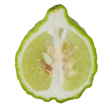 Taze yeşil kaffir kireç meyveleri beyaz arka planda izole edilmiştir.