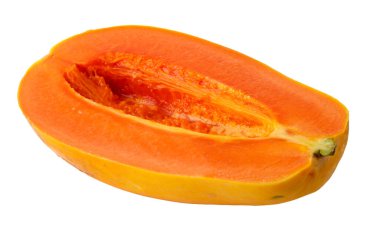 Pürüzsüz turuncu derili olgun Hollanda papayaları ve beyaz bir arka planda izole edilmiş canlı et.