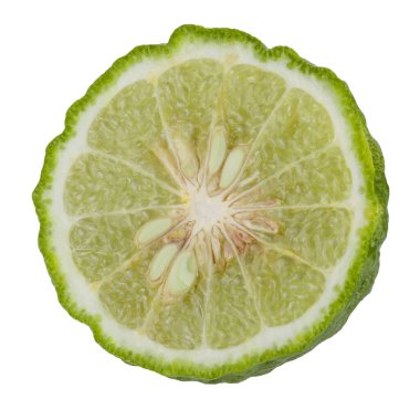 Taze yeşil kaffir kireç meyveleri beyaz arka planda izole edilmiştir.