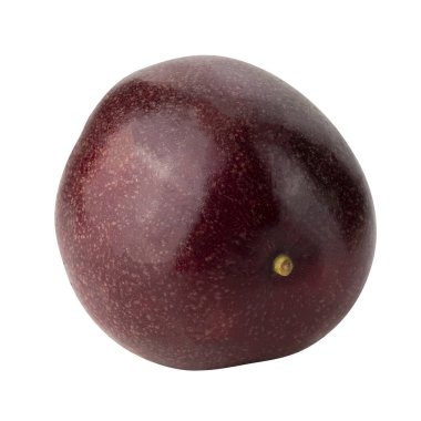 Beyaz arka planda sarı hamurlu kırmızı tutkulu meyve.