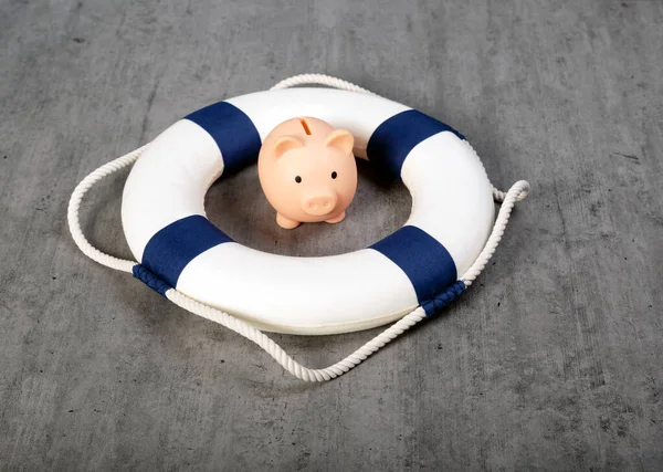 Little piggy bank inside of lifebuoy, Safe Money. Blue and white life buoy on wooden desk table background. Assets wealth, money saving and security by insurance concept. Copy space. Safe box
