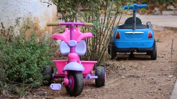 Dvě Jasná Autíčka Jsou Zaparkovaná Zahradě Domu Dovnitř Fouká Lehký — Stock video