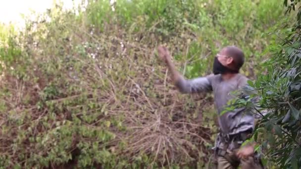 一名男子在花园里的树上工作后 正在使用特殊的装置安全地爬升和爬升 并在此过程中脱下了他的攀爬用具 一位工人正在拉一根绳索 是用来爬树的植物学家工具 — 图库视频影像