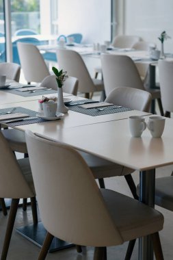 Çizgili kaplamalı beyaz masalar ve beyaz bardaklar sandalyelerle eşleştirilir. Masaları süsleyen yeşil bitkiler taşıyan küçük vazolar. Büyük pencereler doğal ışığın mekanı aydınlatmasına izin verir. Modern iç mimari