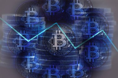 Trade graphic with Bitcoins as background. Concept of Bitcoin profit and loss