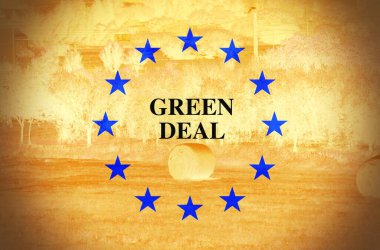 Land with the European flag as background with the sign green deal