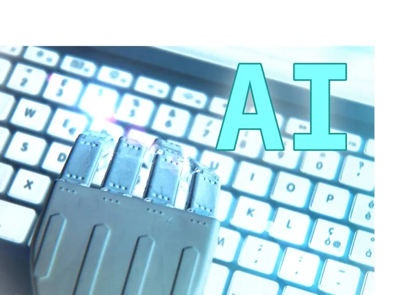 Robot Hand Med Datorn Som Bakgrund Begreppet Artificiell Intelligens — Stockfoto