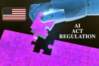 Us Flag 'in yapay zeka düzenleme sembolü. Yapay zeka düzenleme robot elinin yapbozun üzerinde olduğu kavramsal kelimeler. İş Yapay Zeka Düzenleme Konsepti.