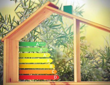 Enerji tasarruflu ev konsepti sınıflandırma grafik işareti, ev enerji verimliliği derecesi izole, ahşap akıllı eco evi sertifika sistemi, iyi ekolojik ve biyolojik enerji derecelendirme sistemi .